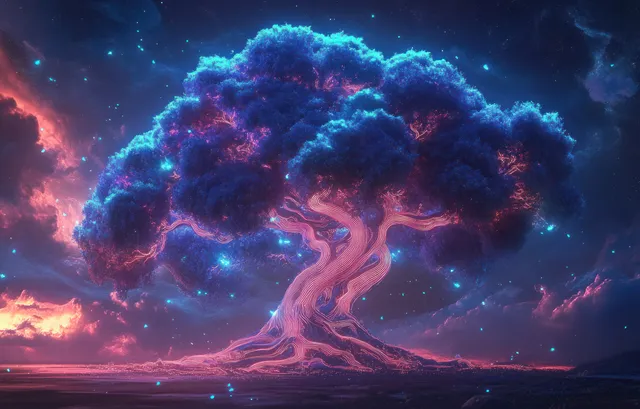 A mystical tree glows blue and pink with swirling branches and floating light particles under a starry night sky.
