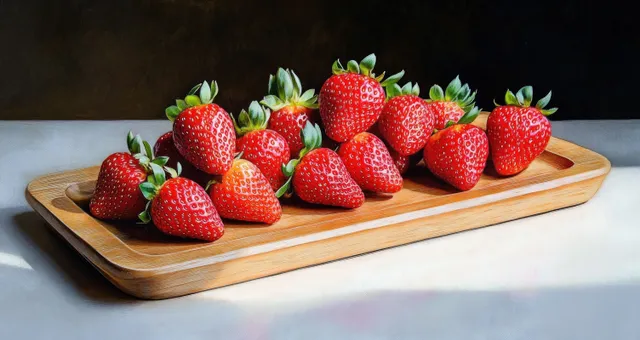 Ripe red strawberries with green leaves arranged on a wooden tray on a white surface.