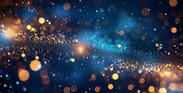 Blue and gold glitter bokeh background with glowing particles and golden confetti