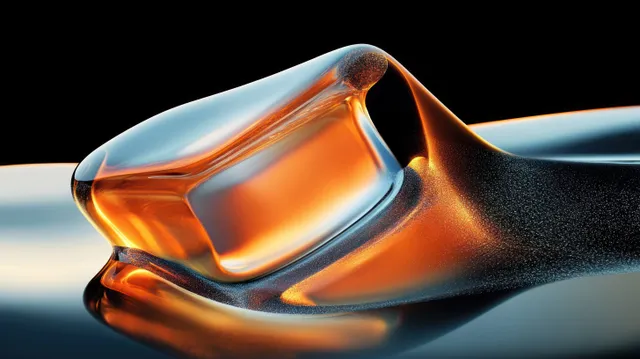 Glowing amber object encapsulated by transparent liquid with glossy reflections on a dark background.