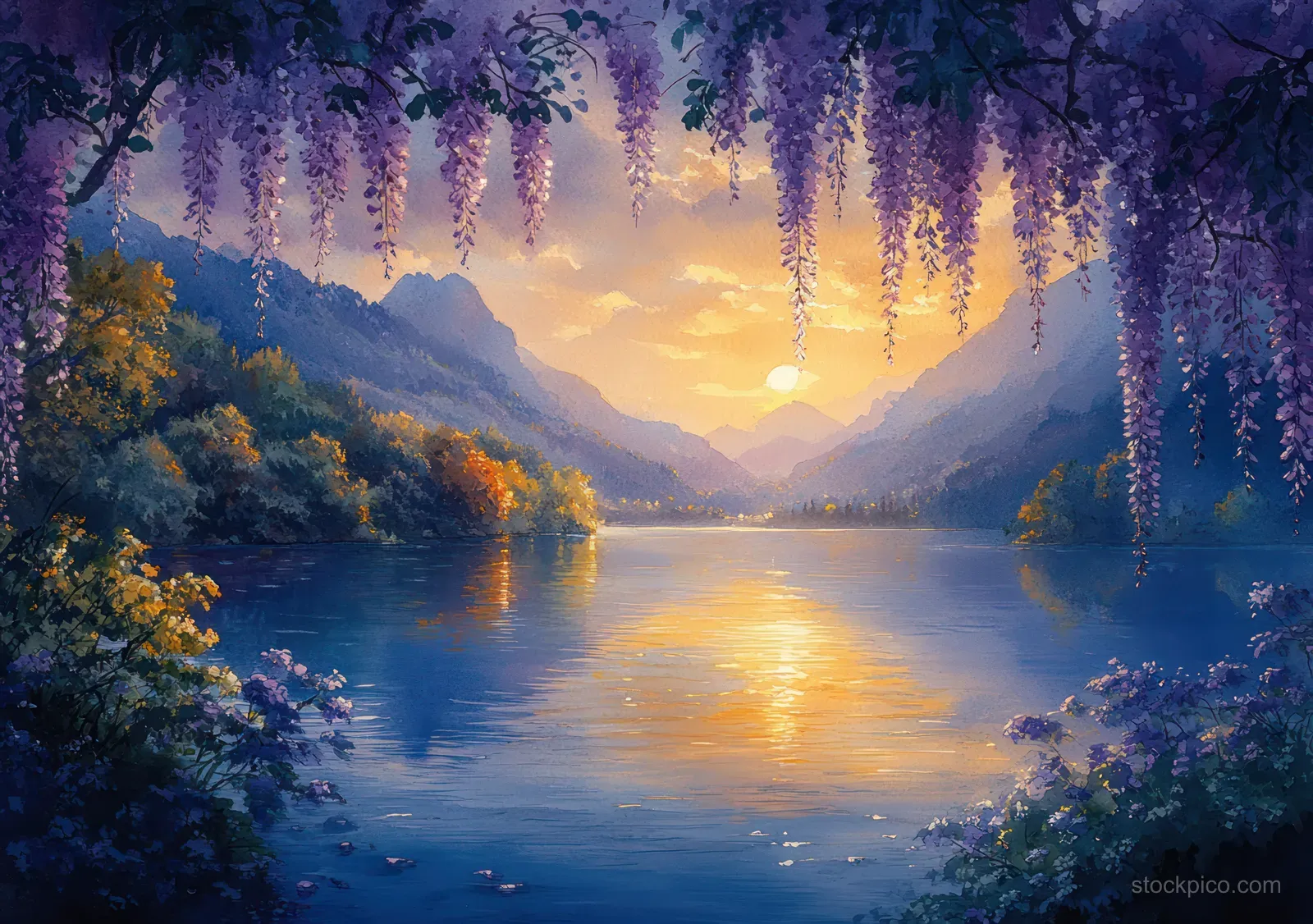 Purple wisteria blossoms drape over both riverbanks as a calm valley glows at sunset.