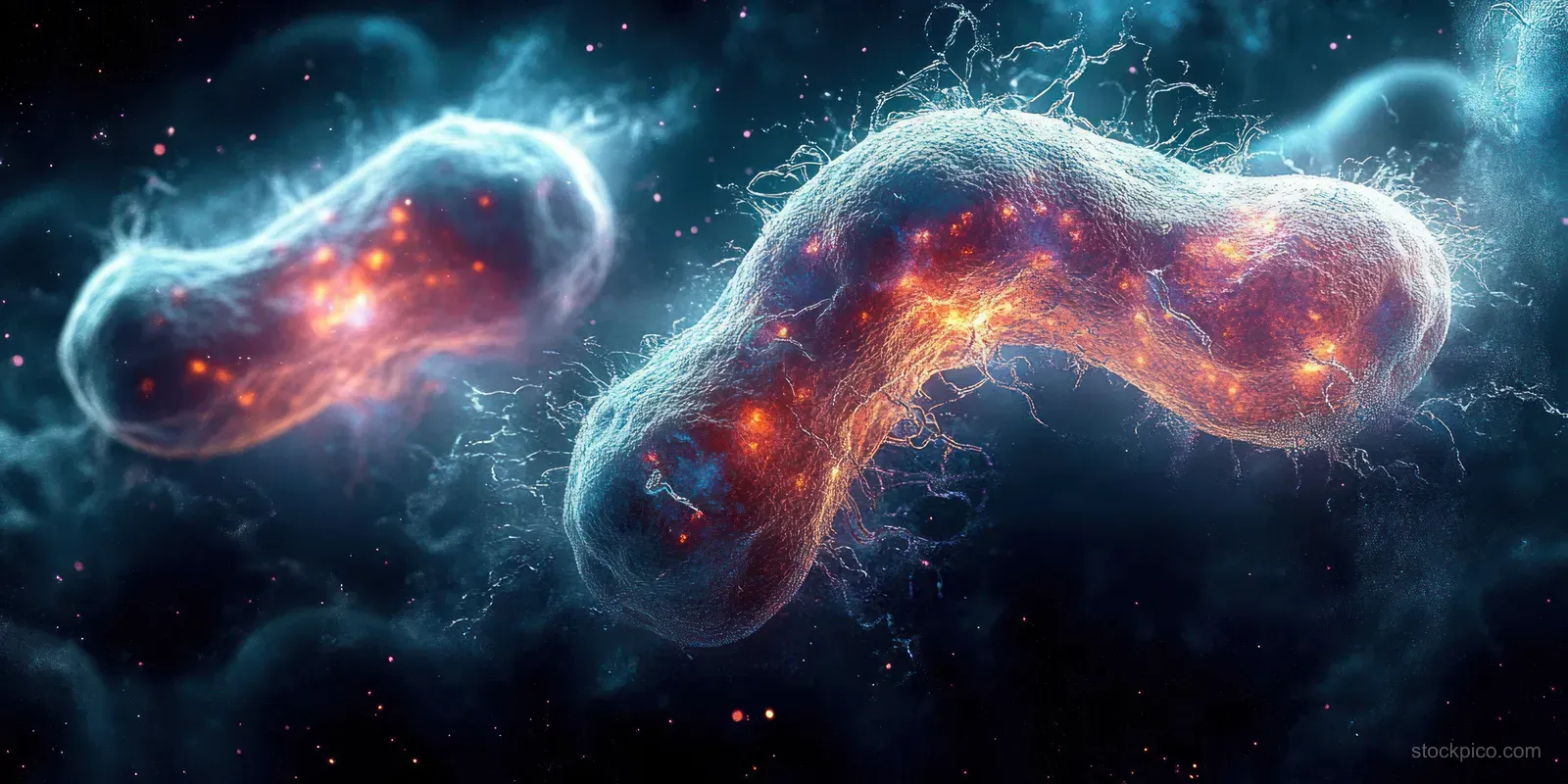 Fluorescent microscopic bacteria with filamentous fibers glowing on a dark background.