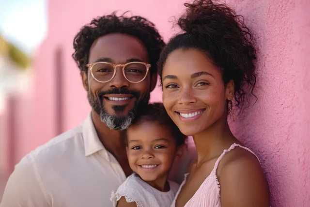 Smiling family couple cuddling with daughter against pastel pink studio wall backdrop
