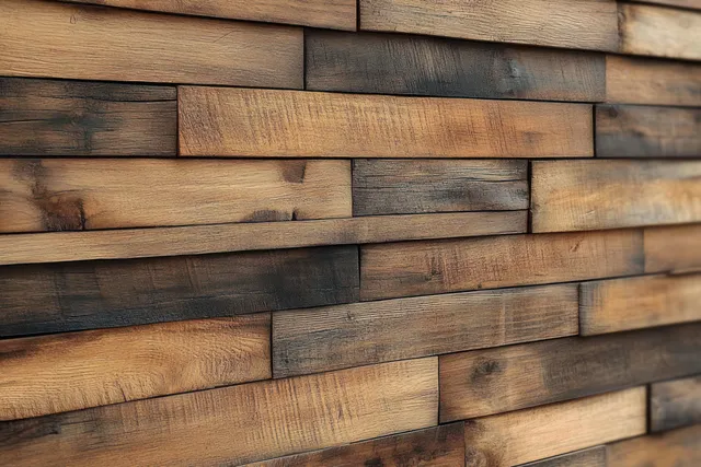 Close-up of a wooden plank wall with horizontal slats in varied brown tones and visible wood grain texture.