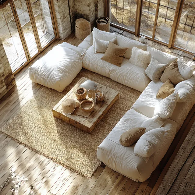 Top-down view of a Scandinavian living room with white sectional sofa, wooden coffee table, woven rug, and daylight.