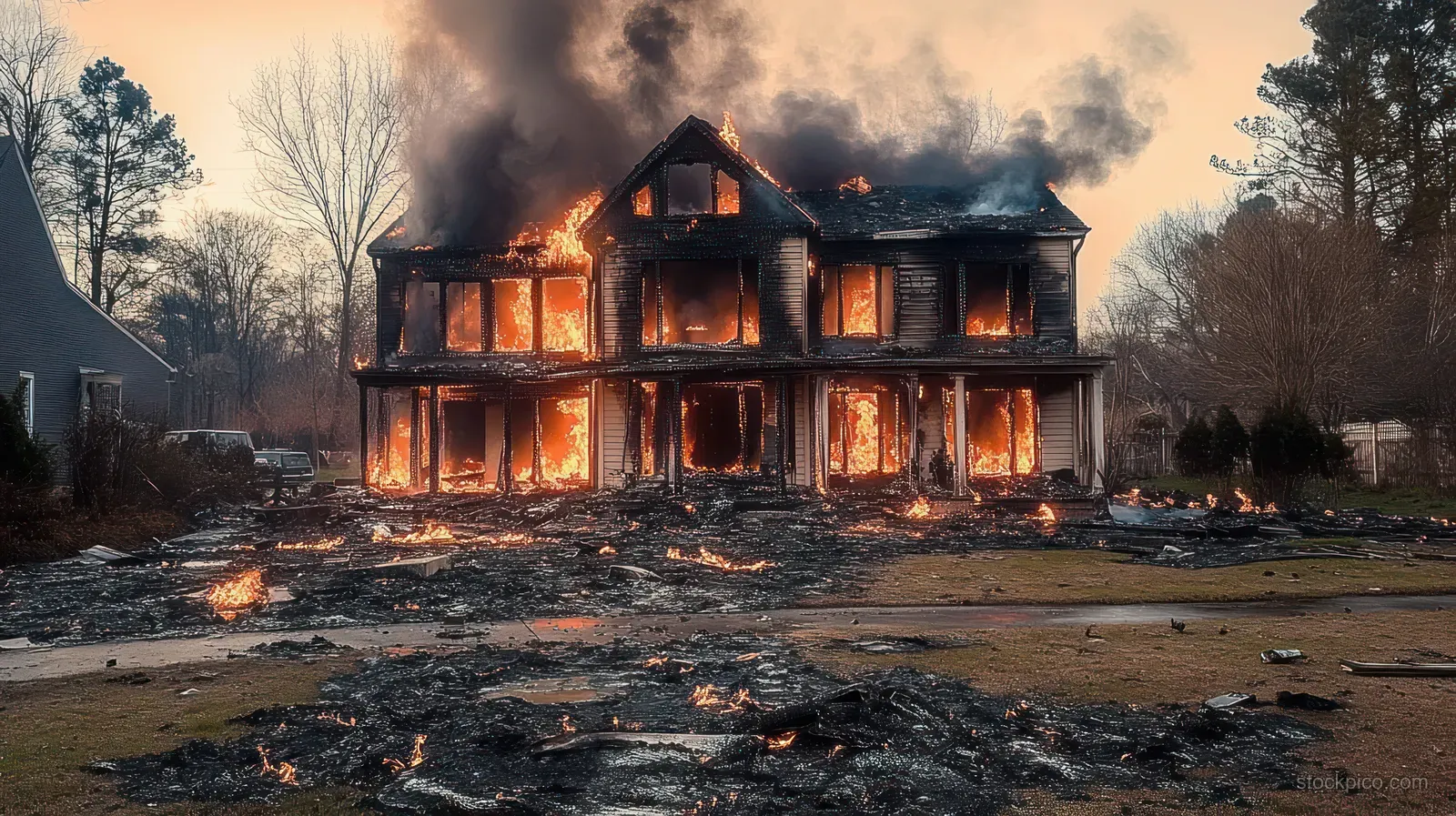 A two-story house burns with orange flames and thick black smoke rising over a charred yard at twilight.