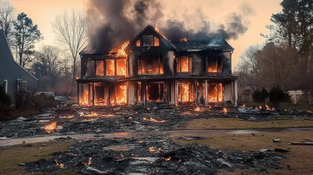 A two-story house burns with orange flames and thick black smoke rising over a charred yard at twilight.