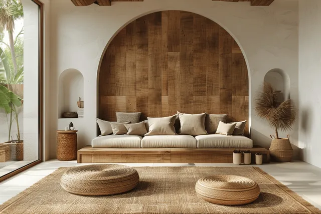 Minimal Japandi living room with a large arched wooden wall, cream sofa, woven poufs, and warm pendant lighting.