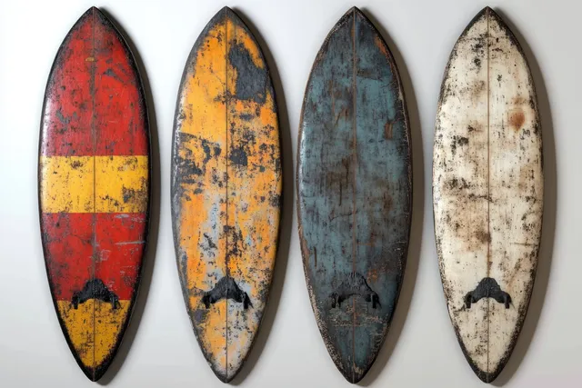 Four vintage surfboards with faded colors and scratches lean against a white wall.