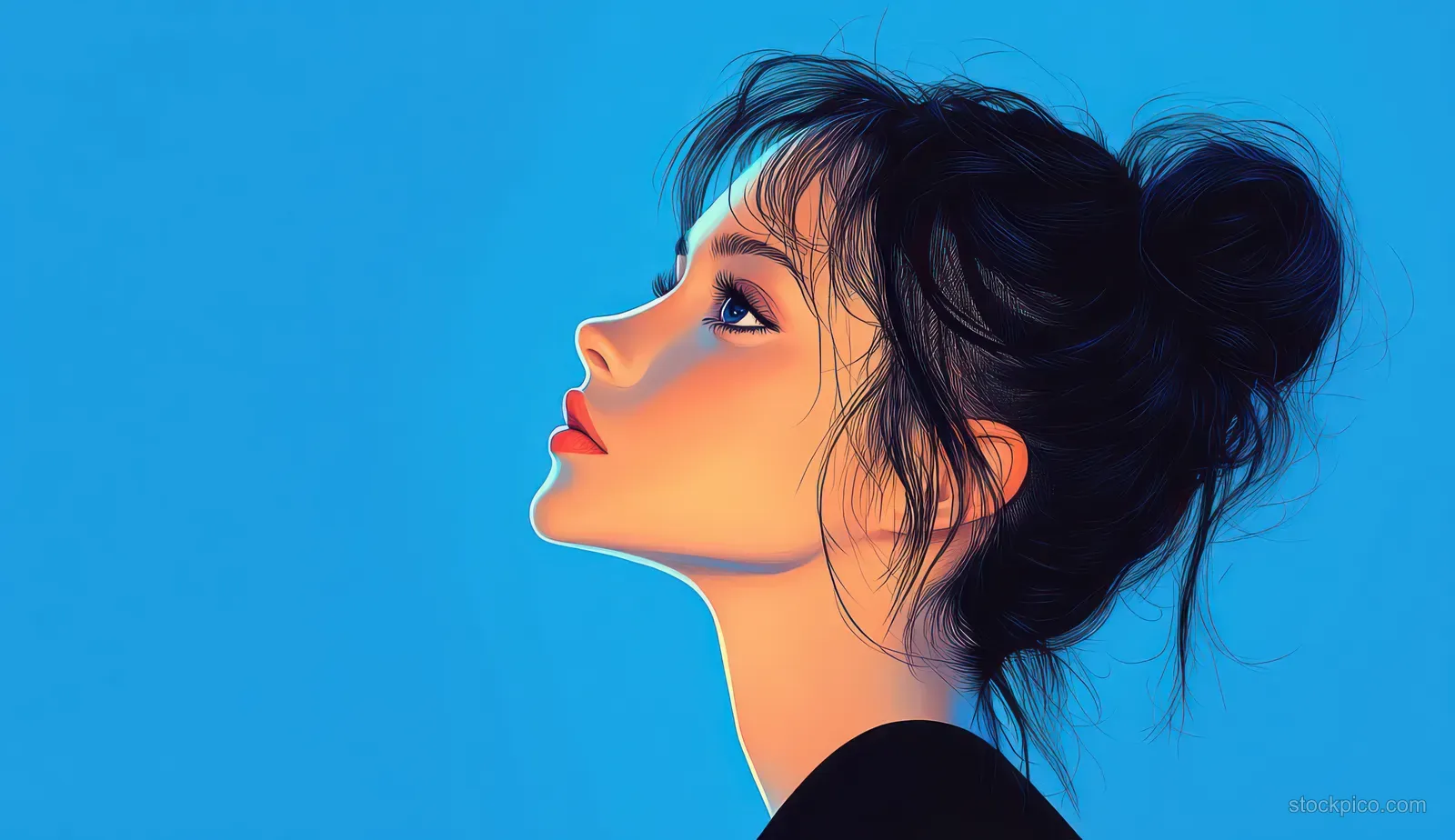 A girl’s side-profile portrait with a serious expression against a solid blue background.