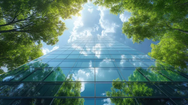 A glass office tower is framed by green trees with sunlit sky reflections on the facade.