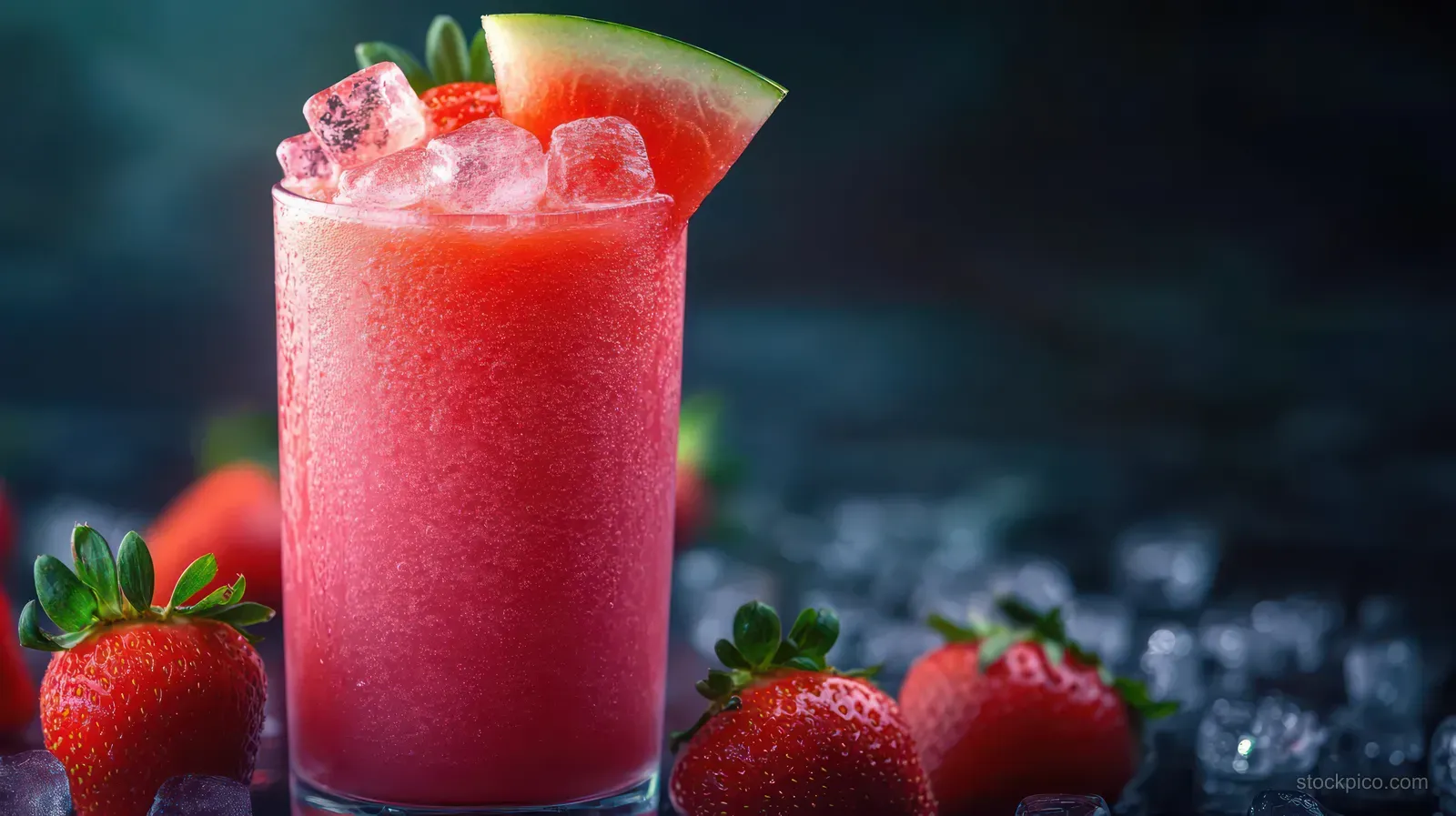 A tall glass of strawberry watermelon smoothie with ice cubes and fresh strawberries on a dark background.