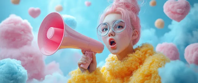 A pink-haired person holds a red megaphone and shouts in a pastel cloud-heart sky.