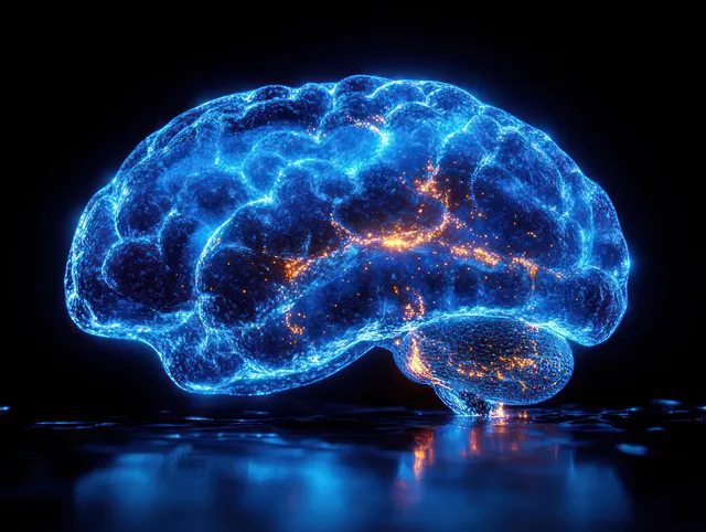 Bioluminescent 3D human brain digital render with glowing neural networks and orange sparks on a dark reflective background.