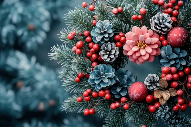 Evergreen wreath decorated with pinecones and red berries on a soft blue winter background.