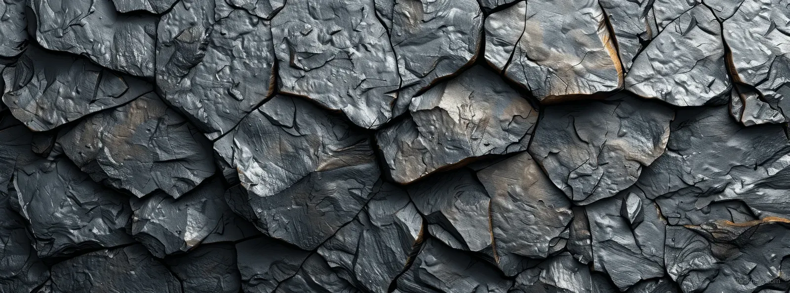 Close-up of a gray cracked rock wall texture with rough stone surfaces and deep fissures.