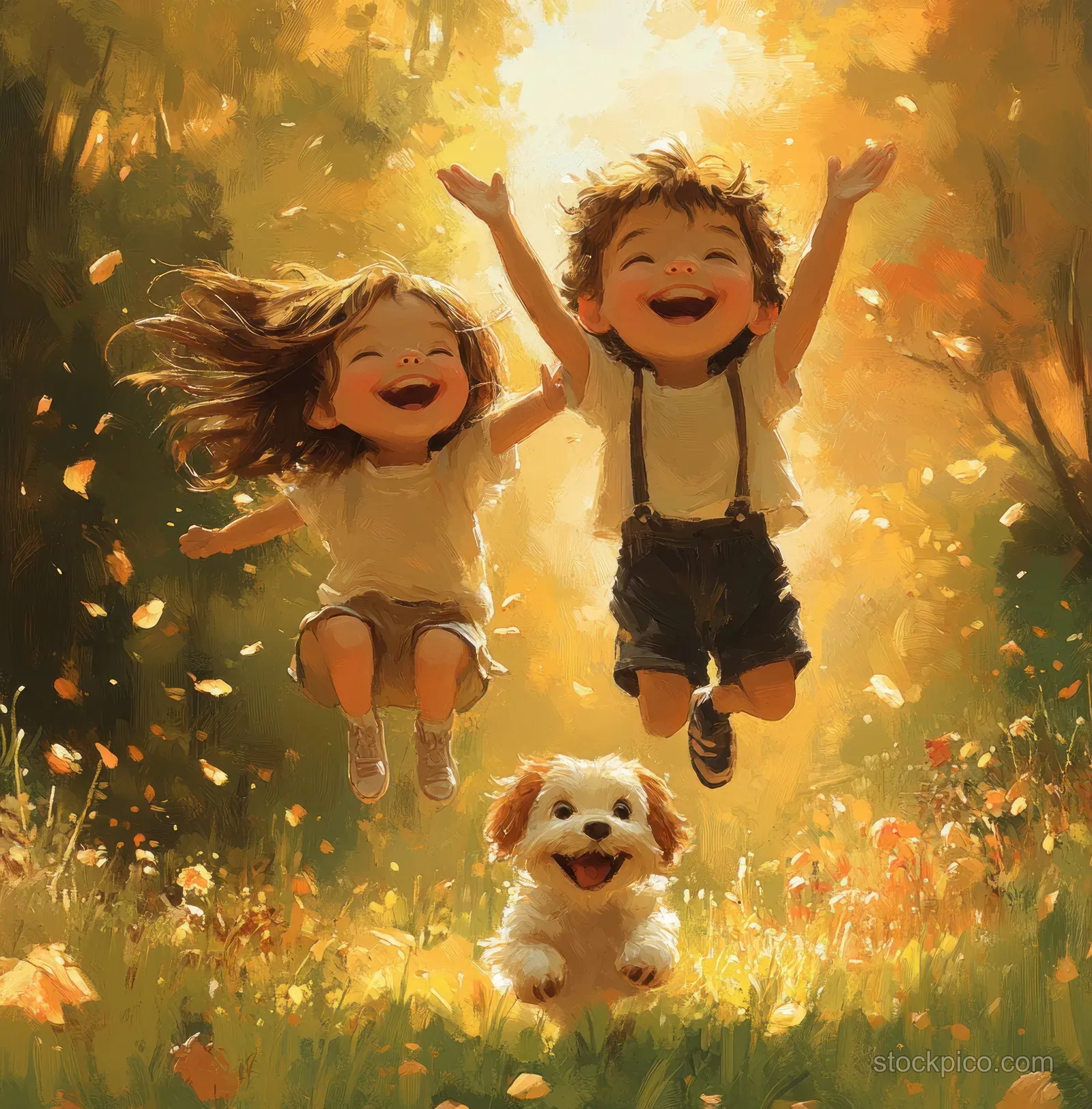 Two children leap in the air with a running dog as golden autumn leaves swirl in sunny park light.