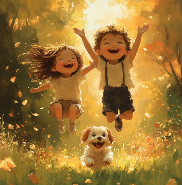Children jump through autumn leaves with a playful dog in golden park sunlight