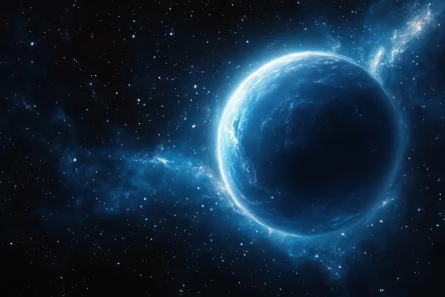 A blue glowing planet in deep space surrounded by stars and drifting cosmic dust.