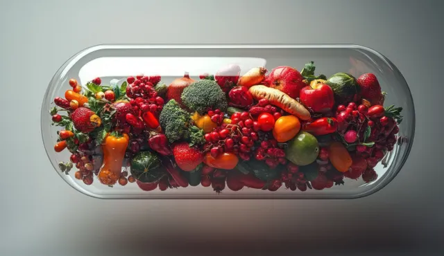 A glass dish filled with assorted fruits and vegetables on a gray background.