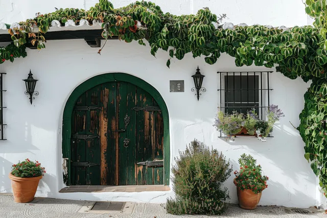 Rustic Spanish villa entrance with a wooden arched door, decorative lamps, white walls, and lush vines in Menorca, Spain.