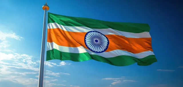Indian national flag waving against bright blue sky with soft rippling fabric