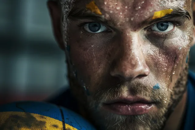Swedish handball player driving forward with focused expression and clenched fist
