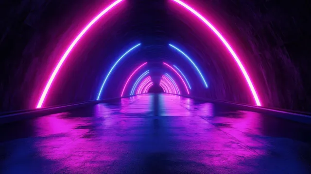 Neon cyberpunk tunnel with glowing arches and wet reflective floor in 3D perspective