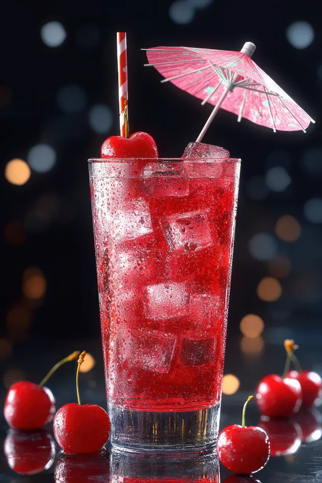 Red cherry iced drink with ice cubes, striped straw, pink paper umbrella, and fresh cherries on a reflective surface.
