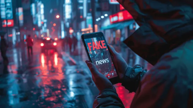 Person holding a smartphone with a fake news alert on a neon-lit city street at night.