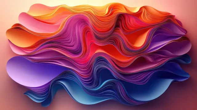 Vibrant layered waves curl and blend from red and orange to purple and blue