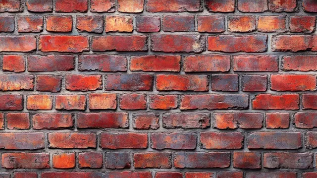 Close-up of a weathered brick wall with red and orange bricks and visible mortar texture.