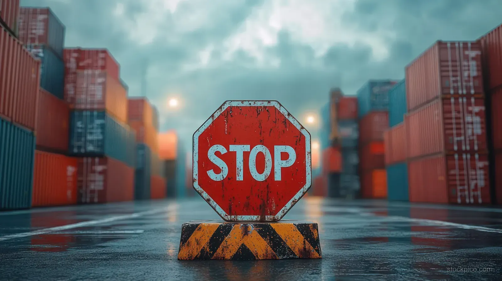 Worn red stop sign on a striped base on wet asphalt with stacked shipping containers behind it.