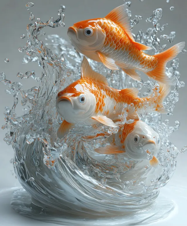 Three fish splash through water with droplets frozen midair on a white background.