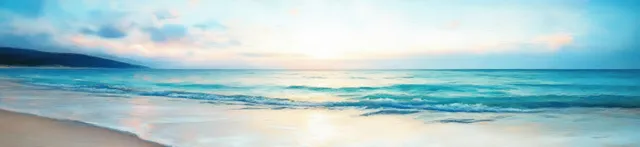 Pastel dawn light over a tropical beach with gentle waves washing onto smooth sand.