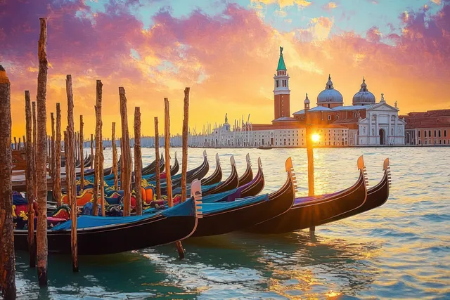 Traditional gondolas moored to wooden poles in a Venetian canal with a domed cathedral and bell tower at sunset.