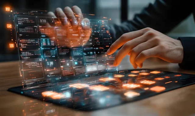 A hand taps a glowing digital calendar month grid on a desk monitor with highlighted events and dates.