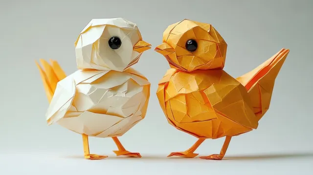 Two origami birds face each other, white and orange, with shiny eyes on plain backdrop