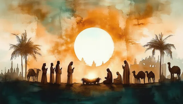 Watercolor nativity silhouettes at sunset with glowing sun, camels, and starry sky