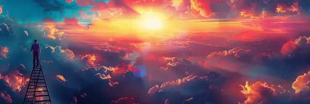 Man on ladder at sunrise, climbing above clouds toward a glowing horizon