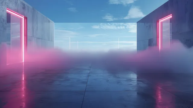 White futuristic corridor tunnel shows neon pink light bars, fog, and a deep vanishing-point perspective.
