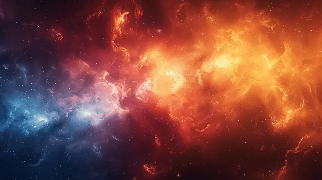 Red, orange, and blue nebula clouds with star specks and smoky swirls across a dark cosmic background.
