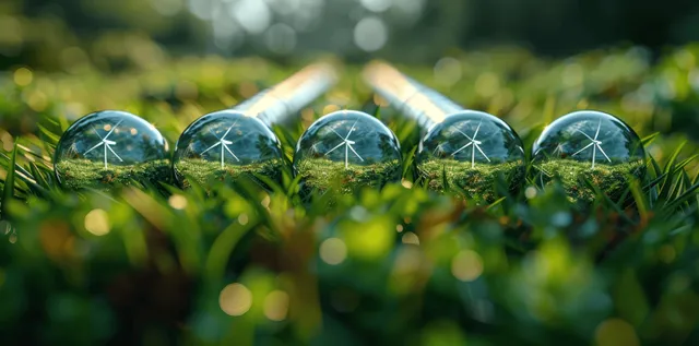 Futuristic hydrogen pipeline in a grassy field with wind turbines on a sunny day.