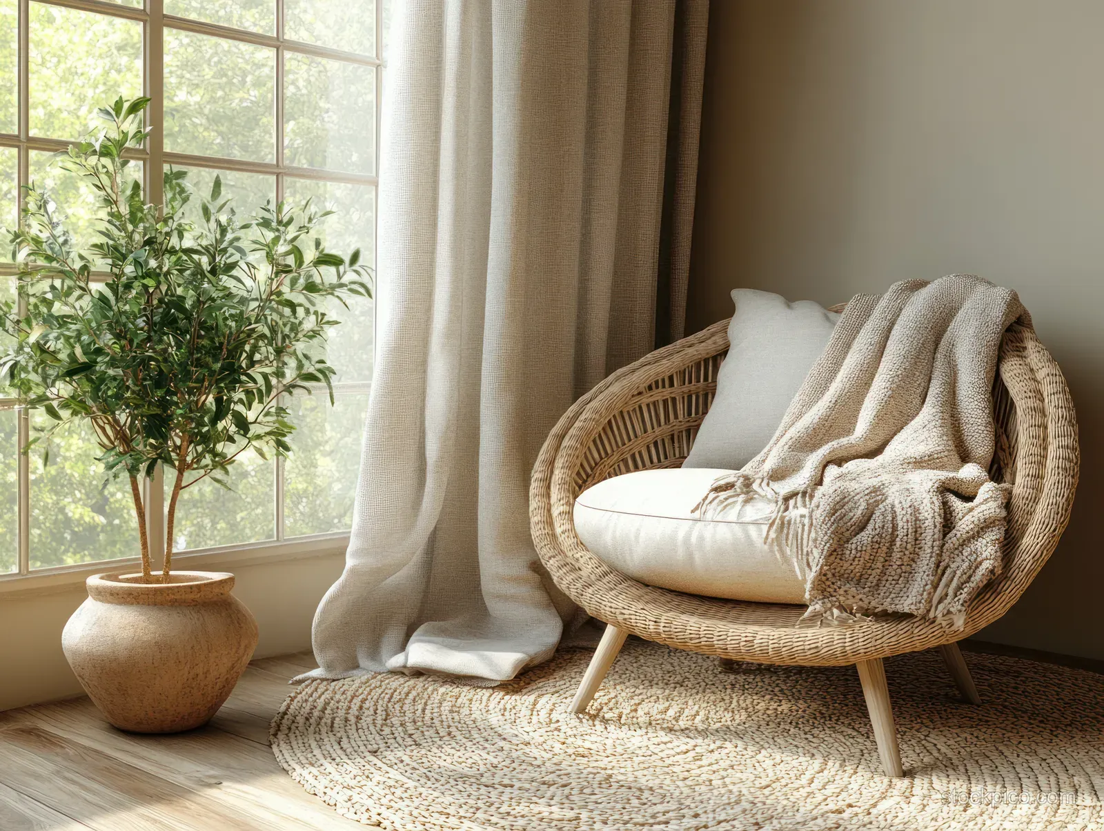 Grey armchair near a bright window with a potted plant and a knitted throw draped over the seat.
