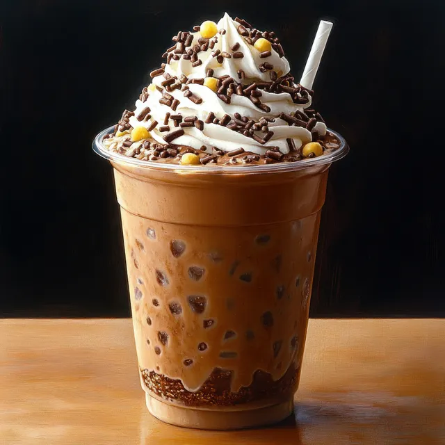 Clear plastic cup of iced chocolate topped with whipped cream, chocolate sprinkles, yellow candy balls, and a straw.