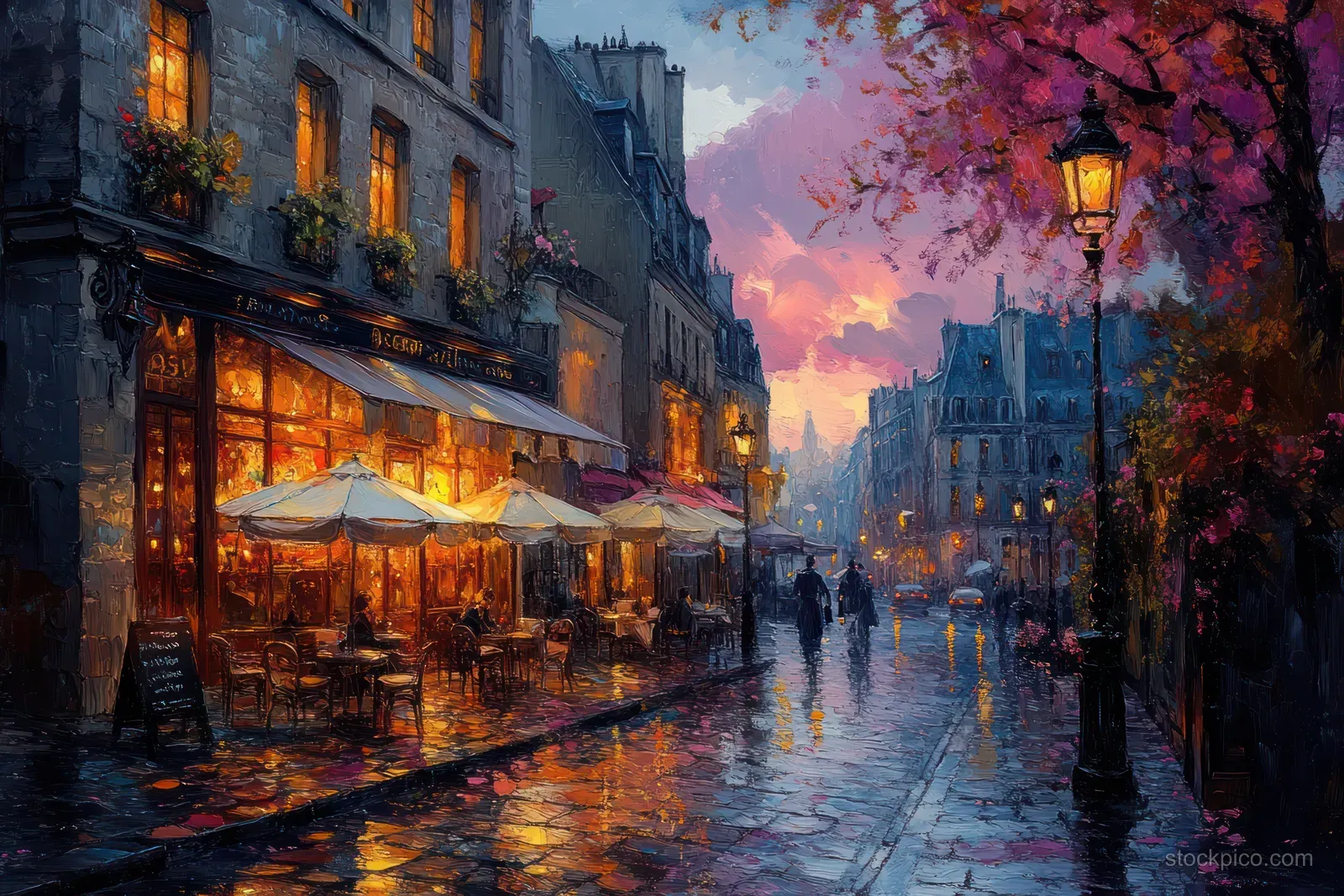 Outdoor cafes under warm lamps line a wet cobblestone European street at dusk, with reflections in puddles.