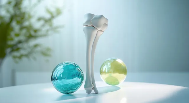 Bone anatomy models standing on a white surface beside blue and yellow glass spheres