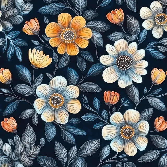 Seamless floral pattern with orange and white blossoms over dark blue leafy texture