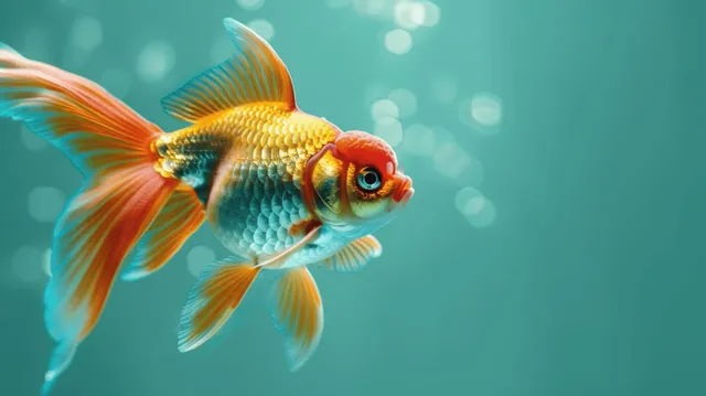 A goldfish swims through turquoise water with flared tail fins and soft bokeh light in the background.