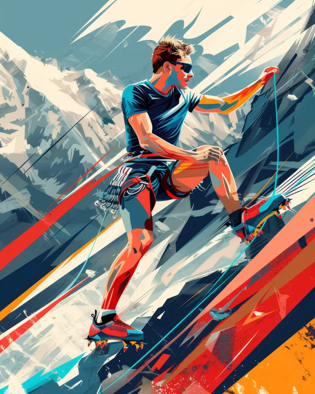 An Austrian sport climber stretches upward on rock while colorful motion streaks and mountains fill the background.